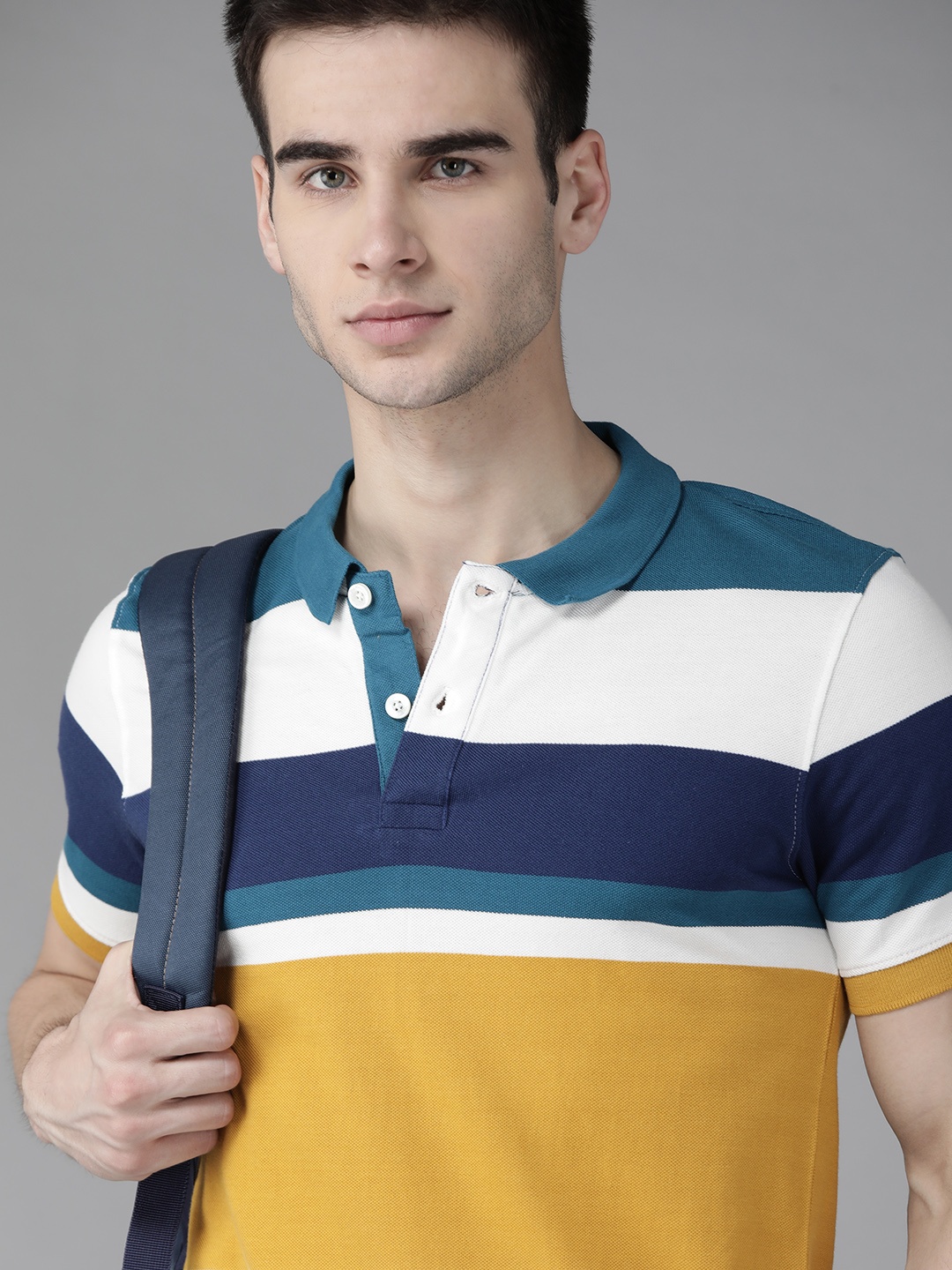 

Roadster Men White & Mustard Yellow Pure Cotton Striped Polo Collar T-shirt