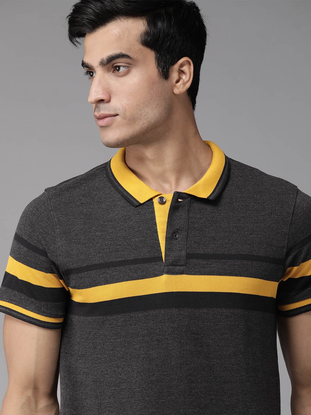 

Roadster Men Charcoal Grey & Mustard Yellow Striped Polo Collar T-shirt