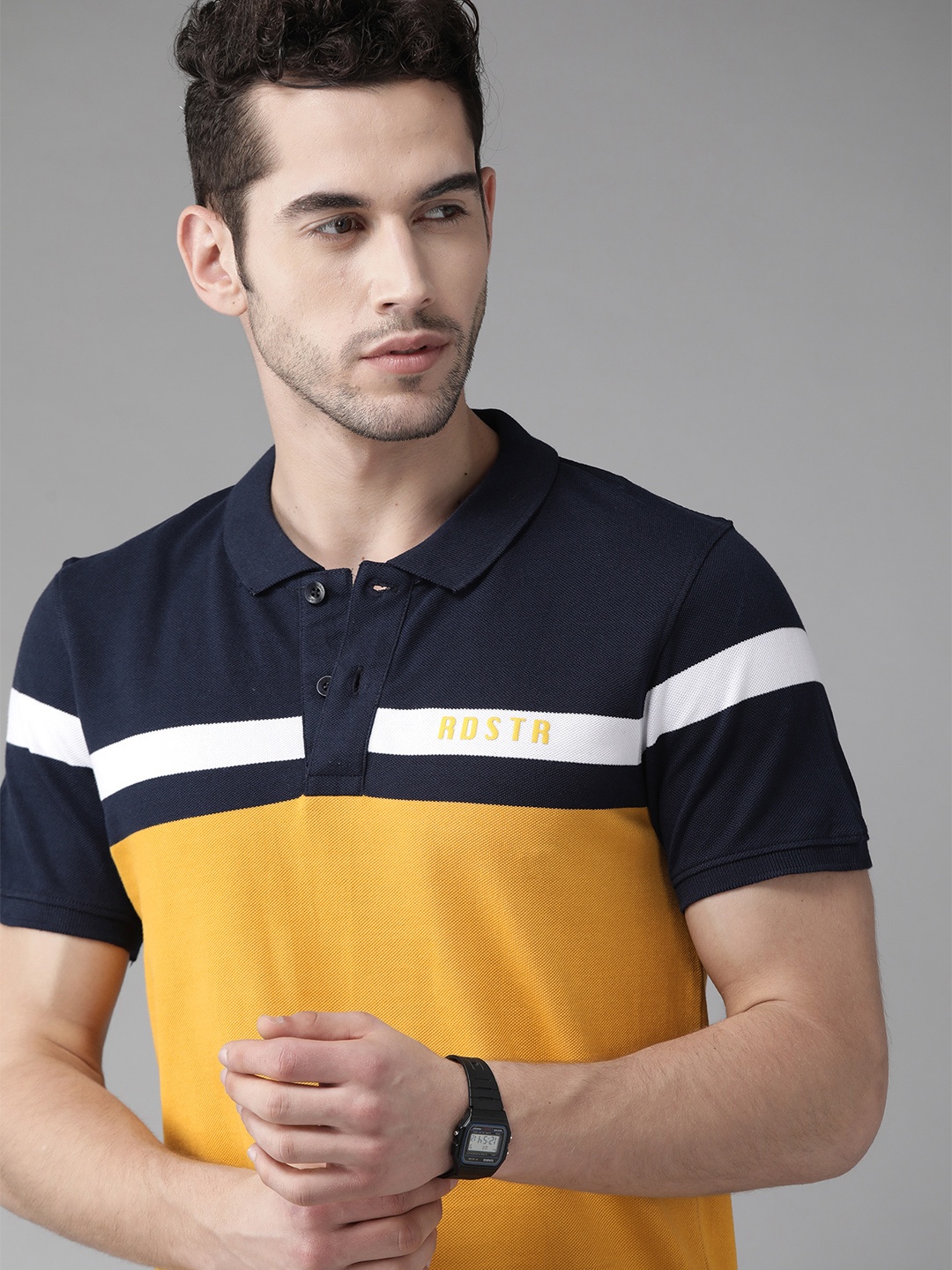 

Roadster Men Mustard Yellow Navy Pure Cotton Colourblocked Polo Collar Pure Cotton T-shirt