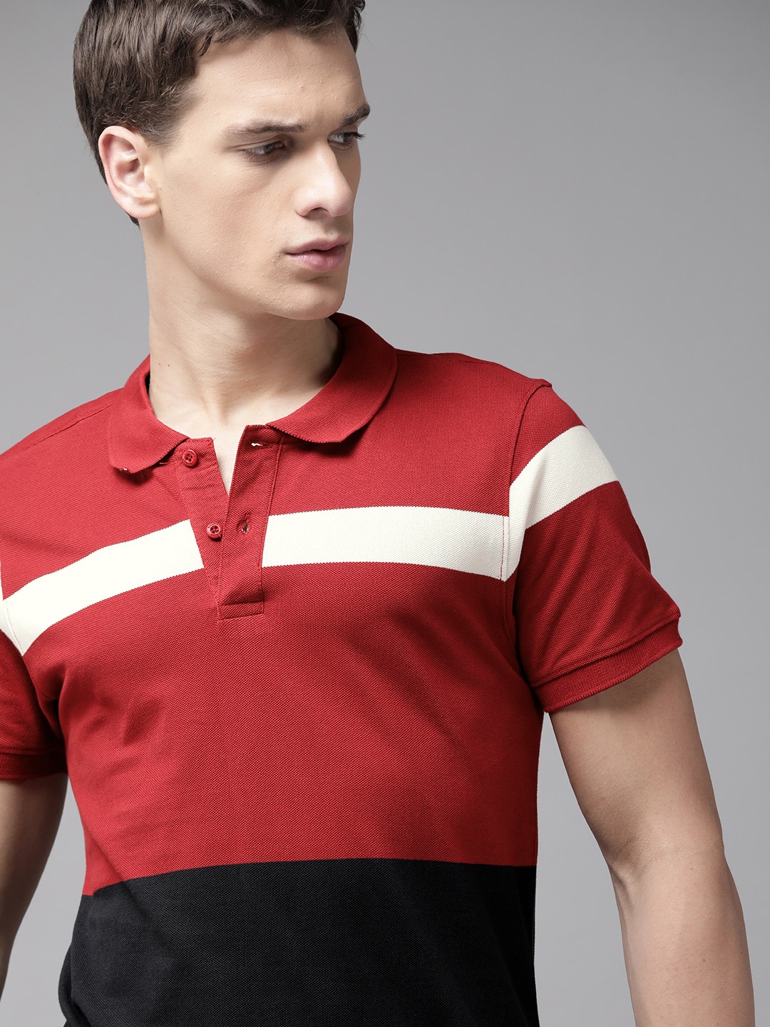 

Roadster Men Maroon Black Pure Cotton Colourblocked Polo Collar Pure Cotton T-shirt