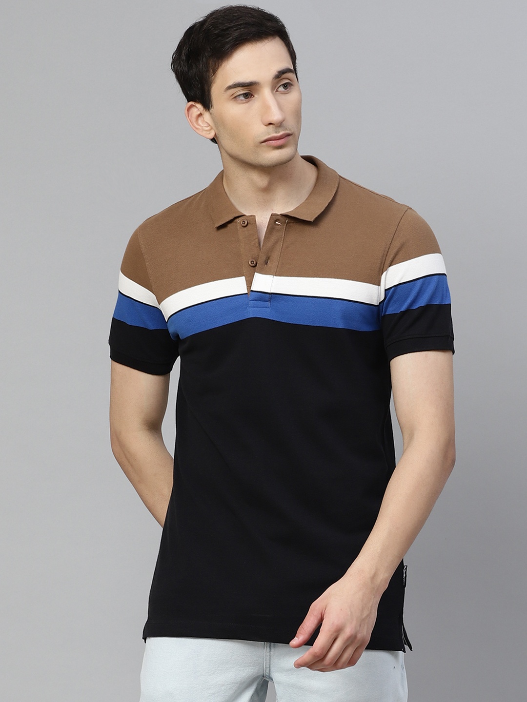 

Roadster Men Black Colourblocked Polo Collar T-shirt