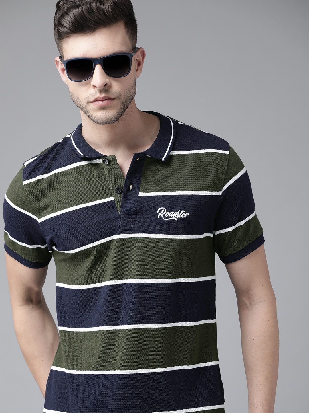 

Roadster Men Navy Blue & Olive Green Striped Polo Collar T-shirt