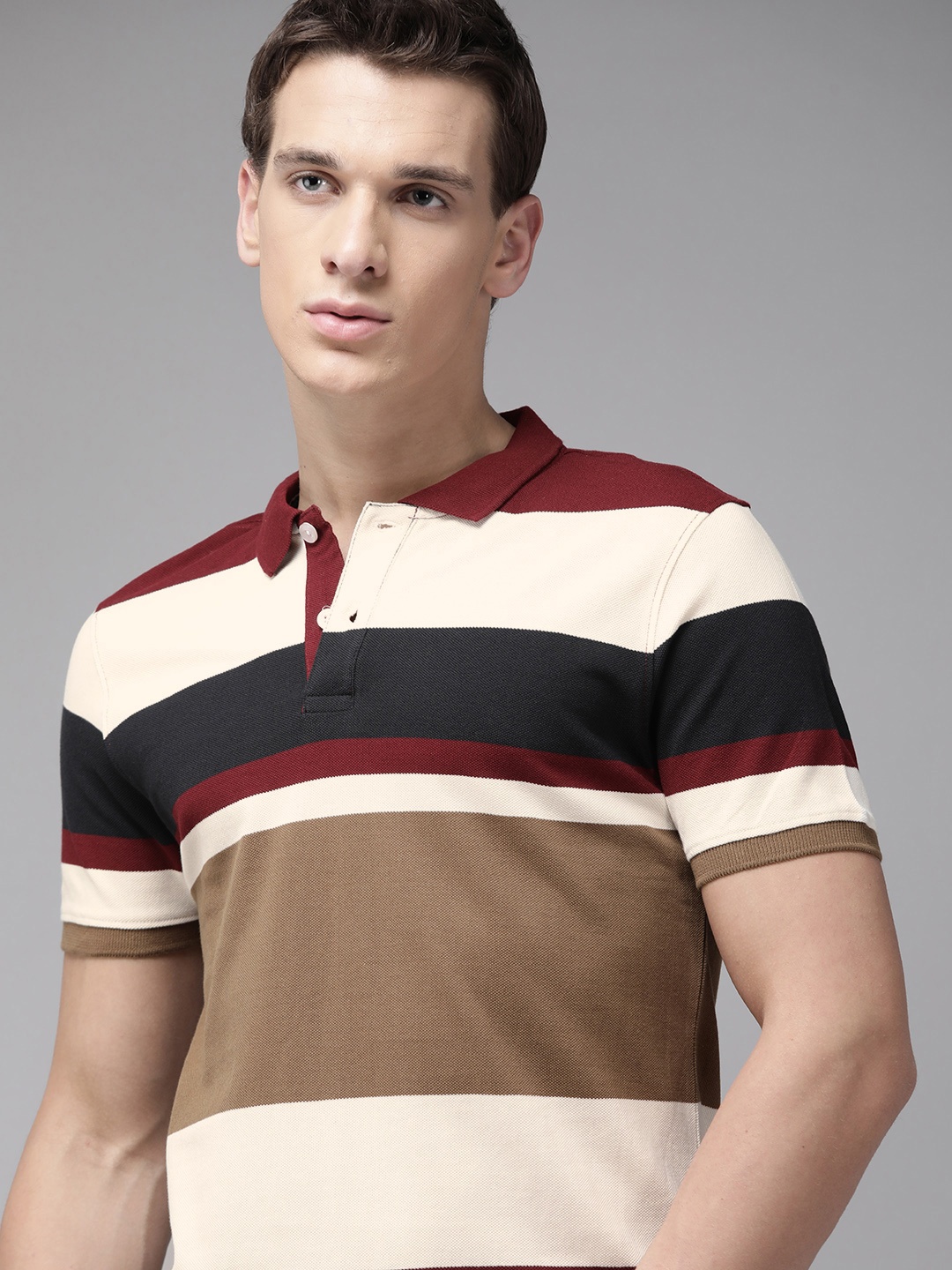 

Roadster Men Cream-Coloured Brown Pure Cotton Striped Polo Collar Pure Cotton T-shirt