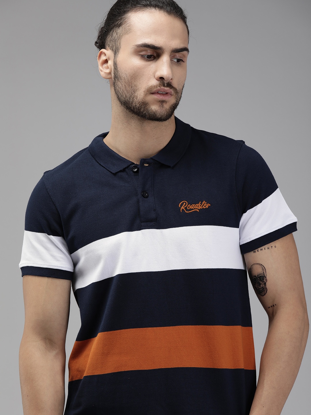 

Roadster Men Navy Blue White Striped Polo Collar Pure Cotton T-shirt