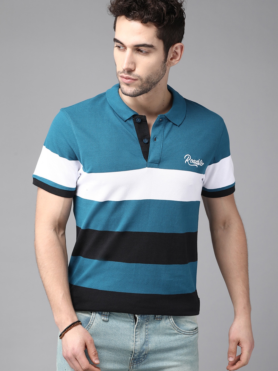 

Roadster Men Teal Blue Striped Polo Collar T-shirt