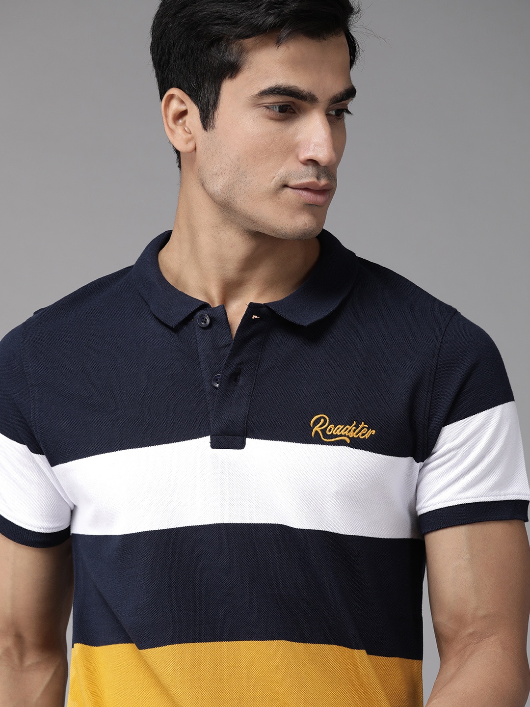 

Roadster Men Navy Blue Mustard Yellow Striped Pure Cotton Polo Collar Pure Cotton T-shirt