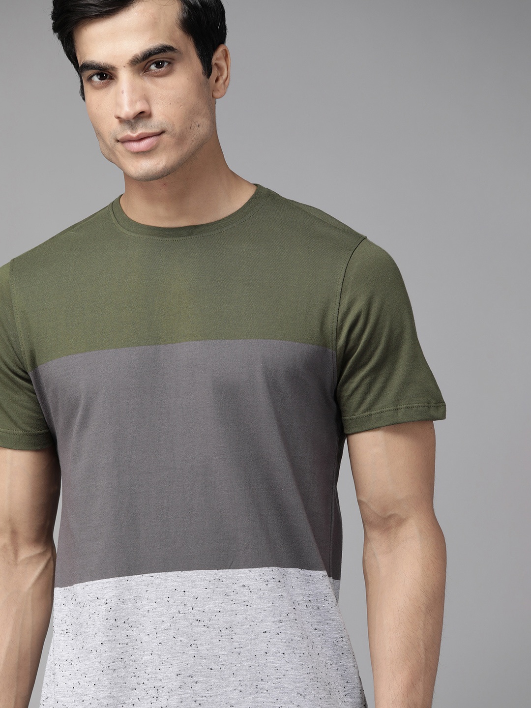 

Roadster Men Olive Green Grey Colourblocked Pure Cotton T-shirt