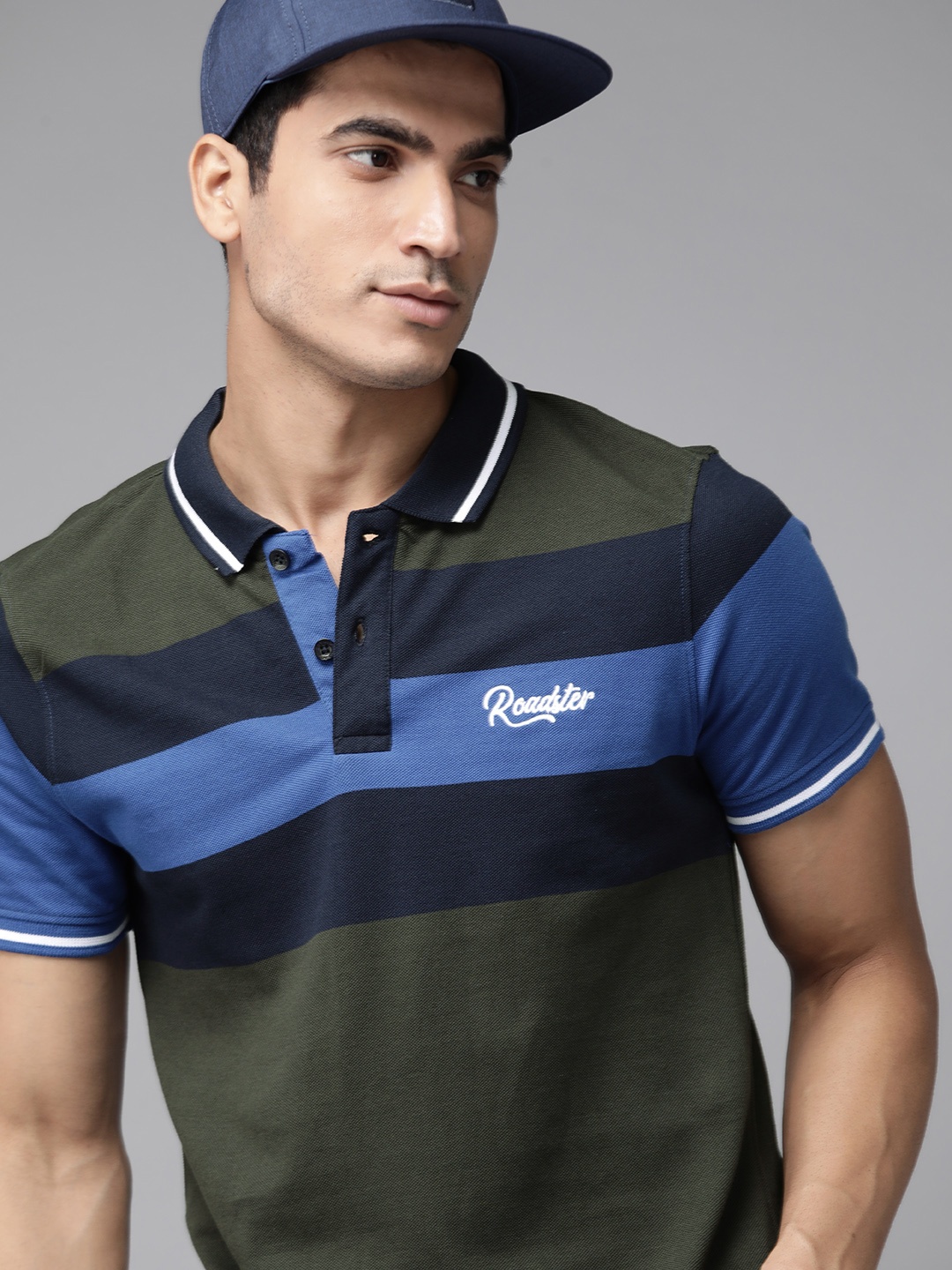 

Roadster Men Olive Green & Blue Pure Cotton Striped Polo Collar T-shirt