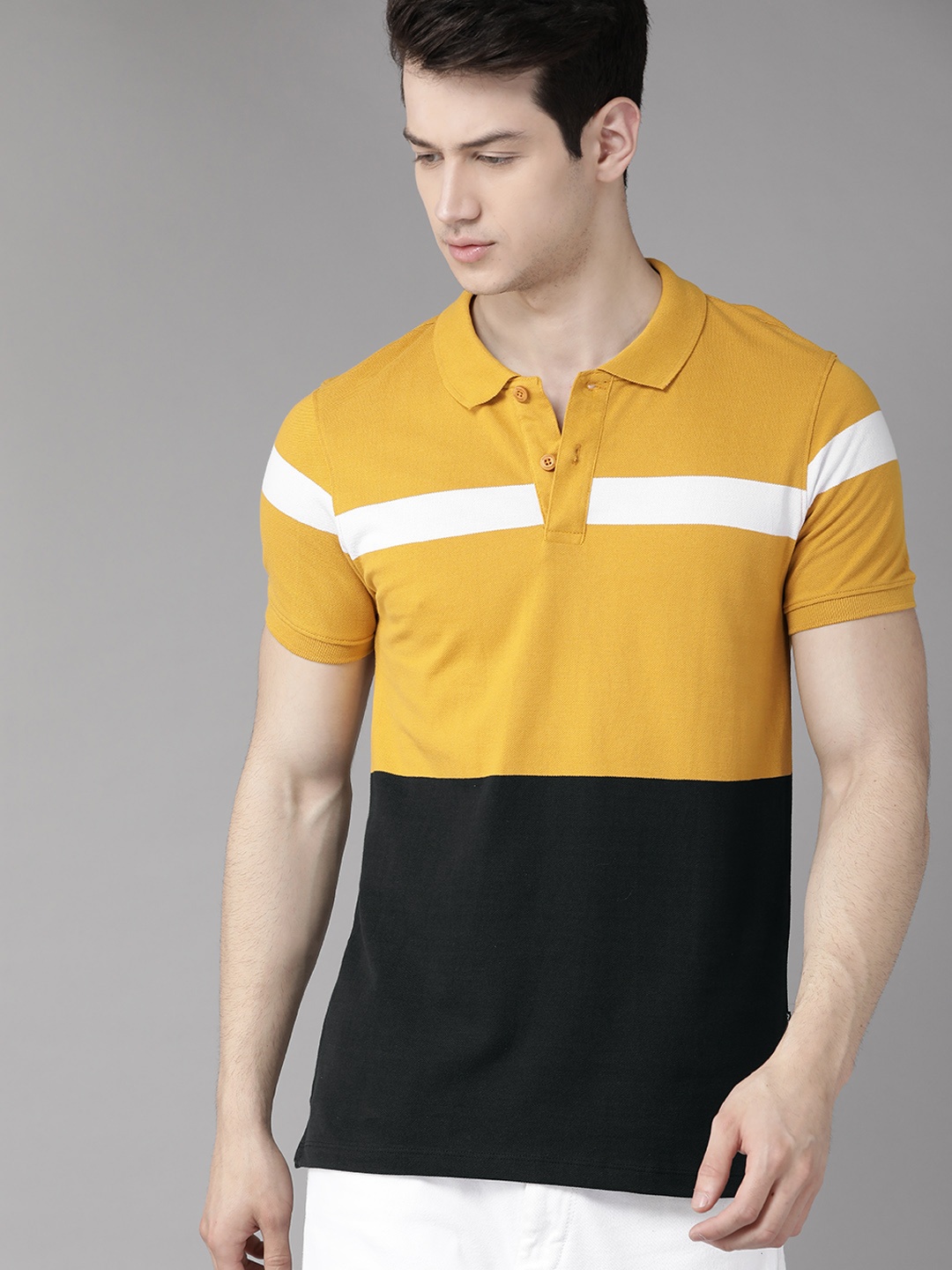 

Roadster Men Mustard Yellow Black Pure Cotton Colourblocked Polo Collar Pure Cotton T-shirt