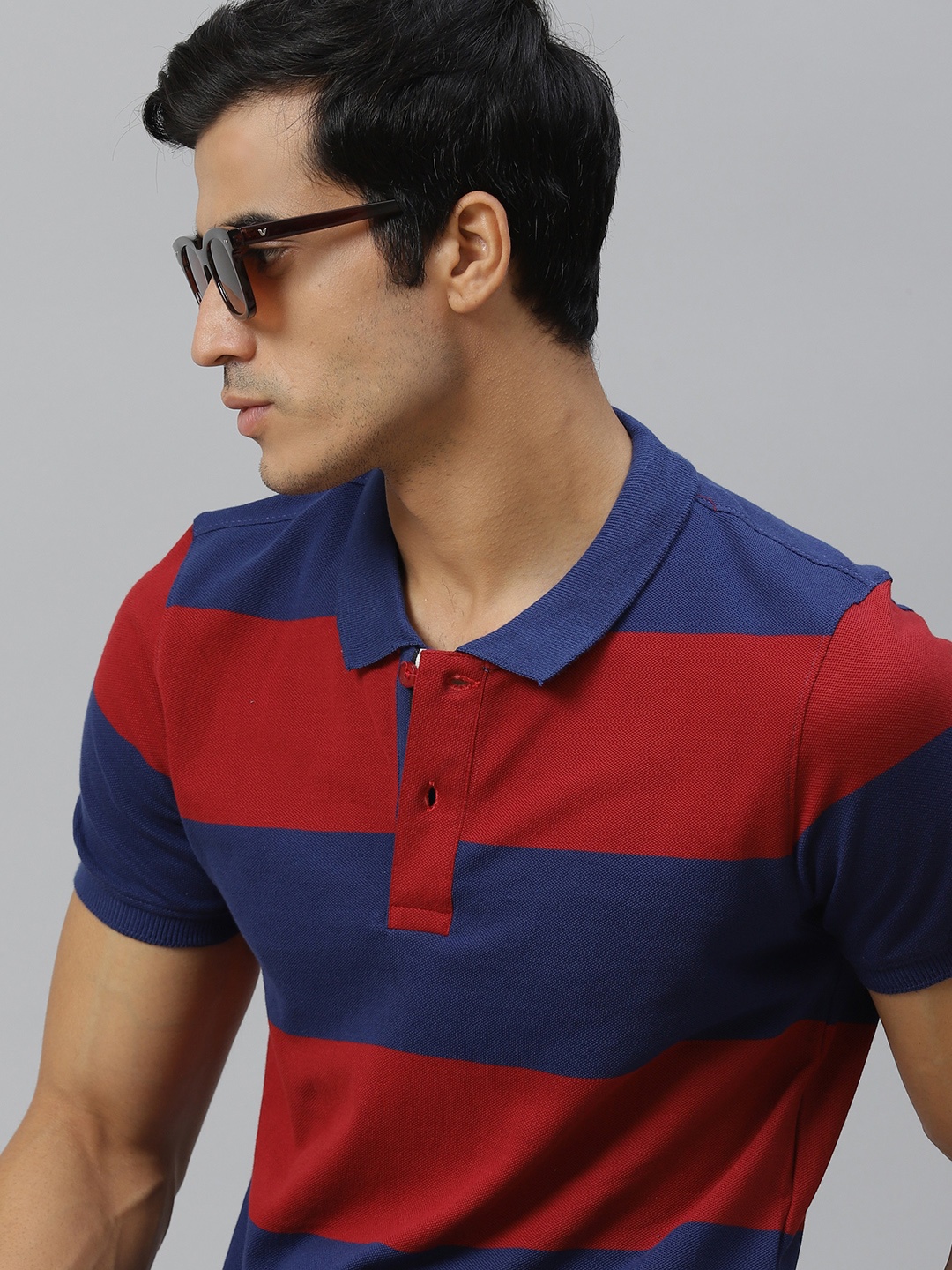 

Roadster Men Blue Rust Brown Striped Polo Collar Pure Cotton T-shirt