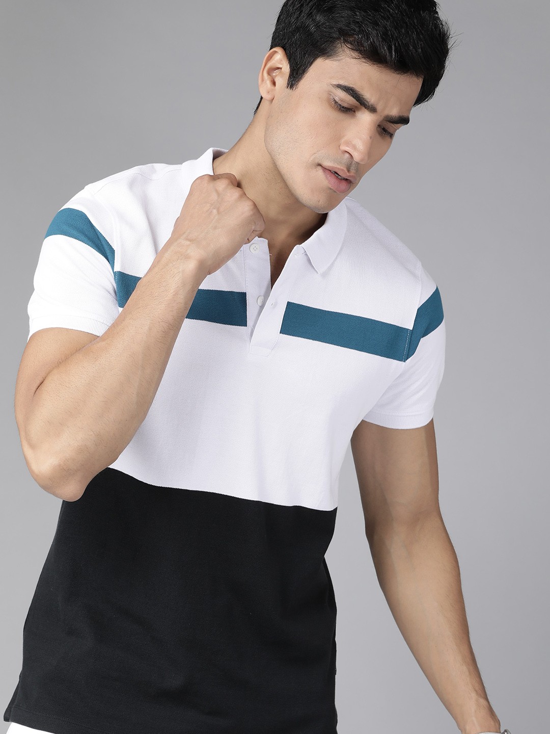 

Roadster Men Navy Blue & White Colourblocked Cotton Polo Collar T-shirt