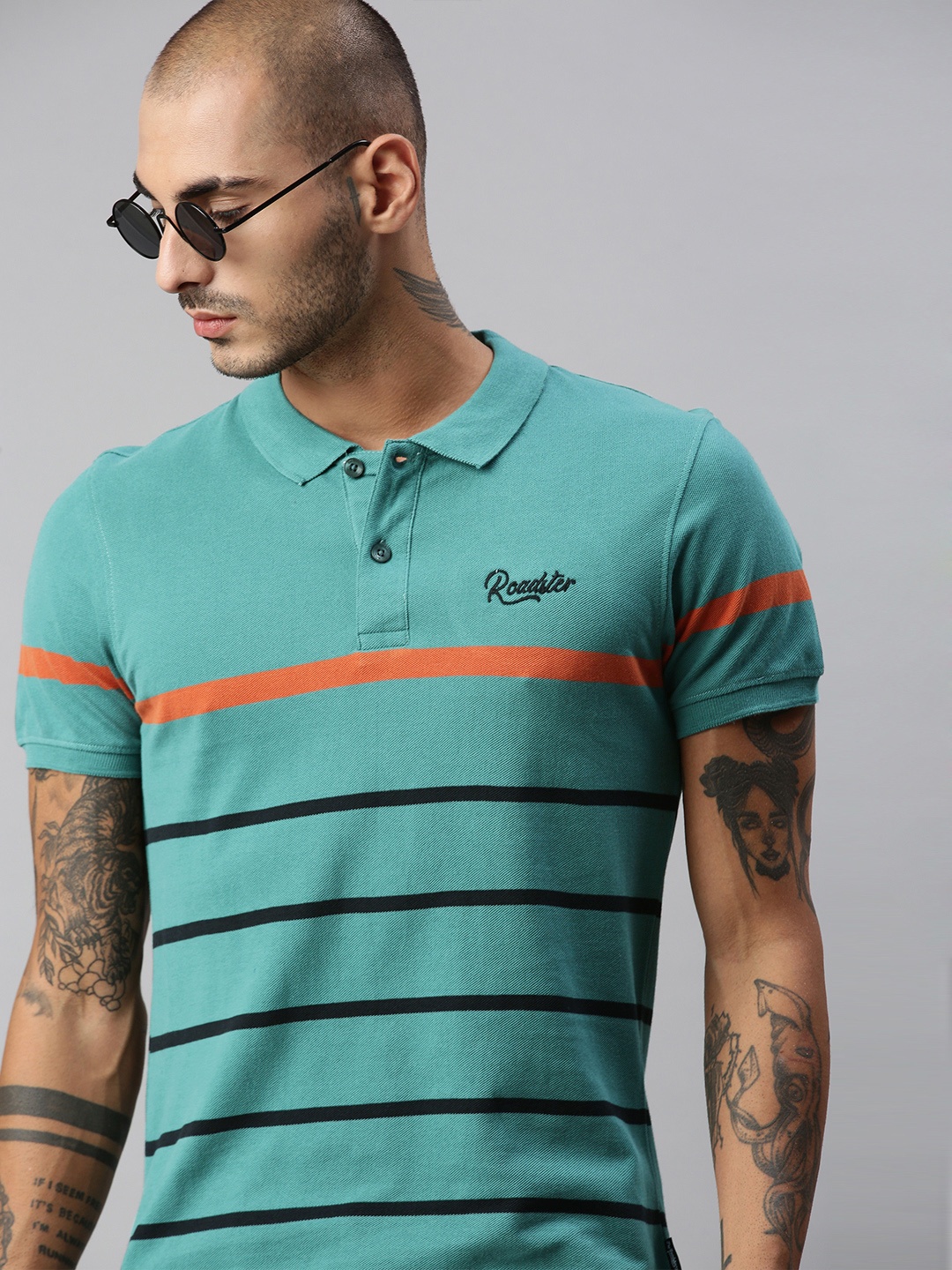 

Roadster Men Blue Black Striped Polo Collar Pure Cotton T-shirt