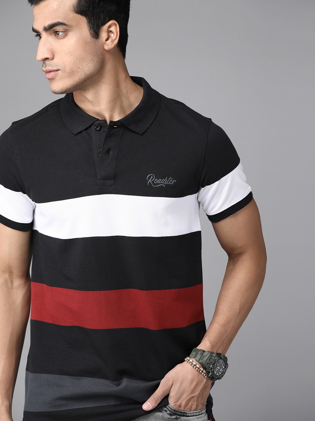 

Roadster Men Black & White Striped Cotton Polo Collar T-shirt