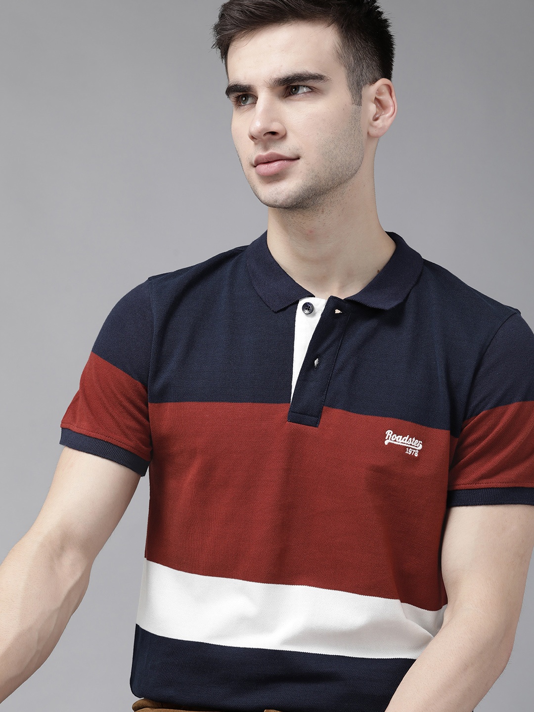 

Roadster Men Rust Red Navy Blue Colourblocked Pure Cotton Polo Collar Pure Cotton T-shirt