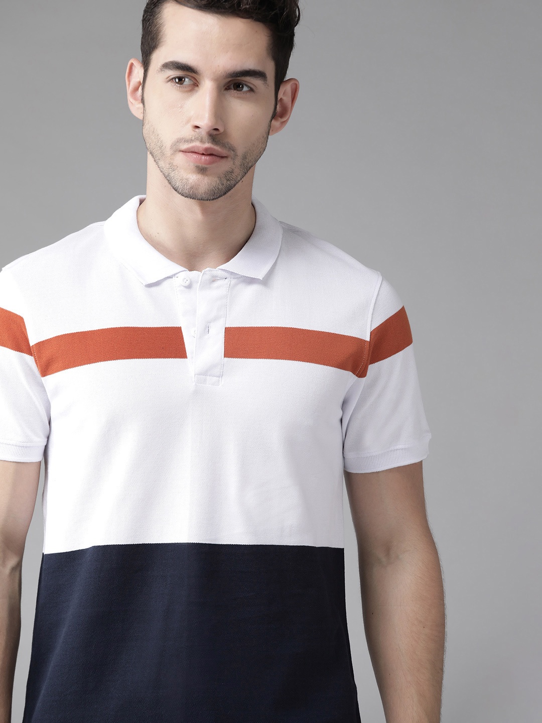 

Roadster Men White & Navy Blue Colourblocked Polo Collar Pure Cotton T-shirt