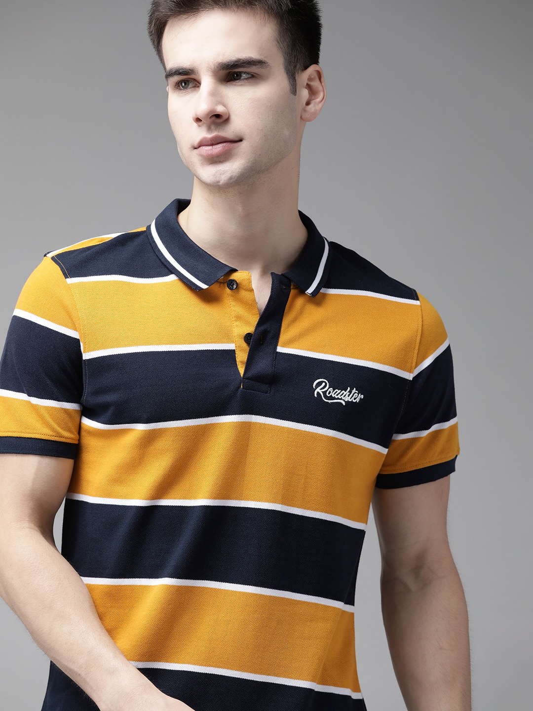 

Roadster Men Mustard Yellow Navy Blue Pure Cotton Striped Polo Collar Pure Cotton T-shirt