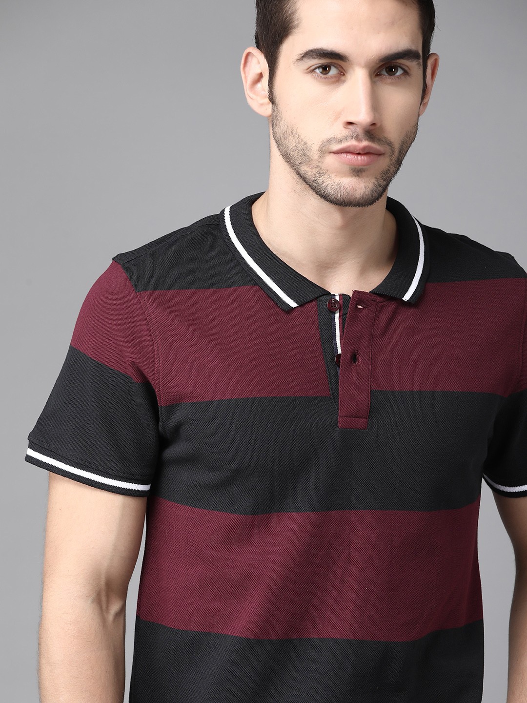 

Roadster Men Maroon Black Striped Pure Cotton Polo Collar Pure Cotton T-shirt