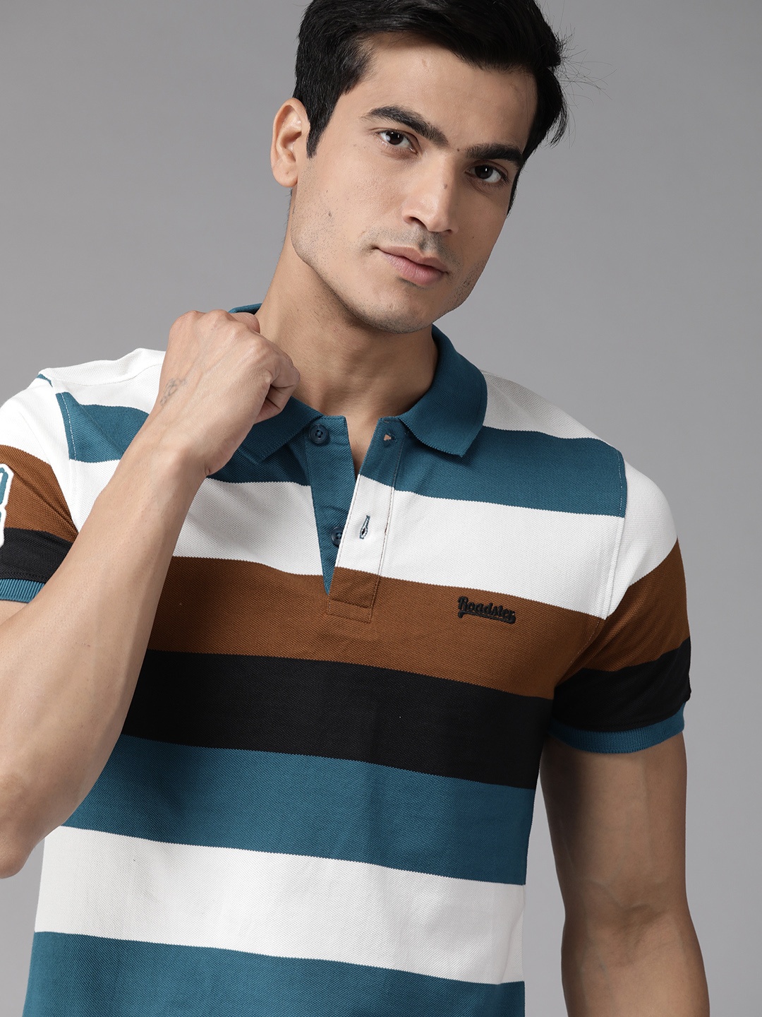 

Roadster Men Teal Blue & White Striped Cotton Polo Collar T-shirt