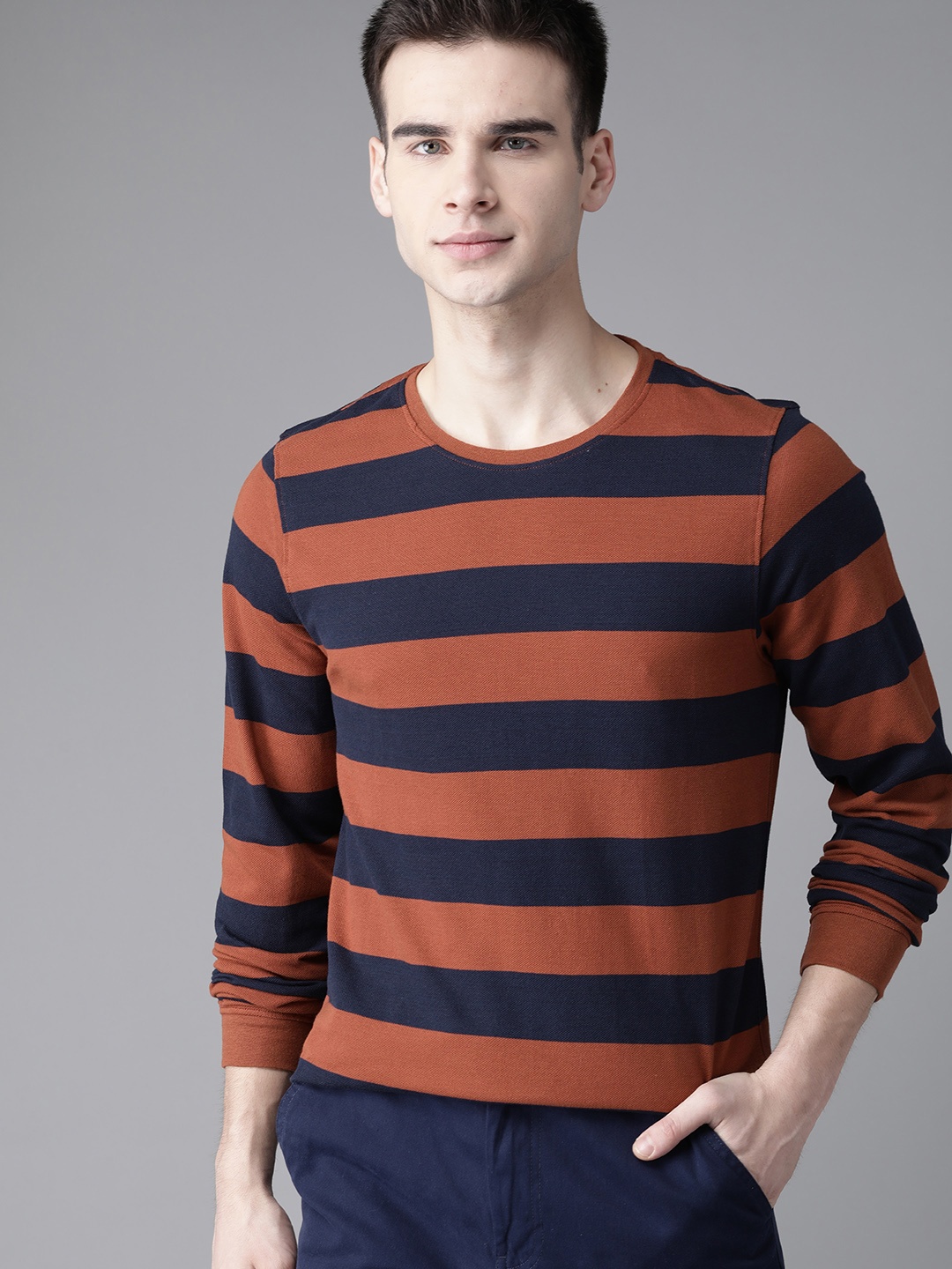 

Roadster Men Rust Navy Blue Pure Cotton Striped Round Neck Pure Cotton T-shirt