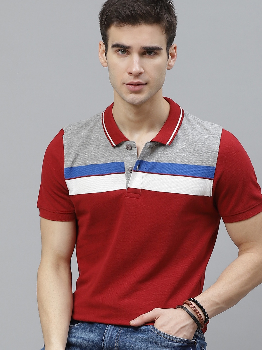 

Roadster Men Red & grey Melange Striped Polo Collar T-shirt