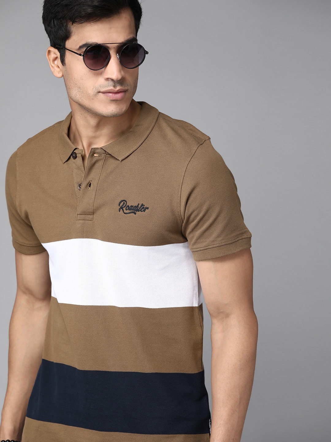 

Roadster Men Khaki & White Striped Cotton Polo Collar T-shirt