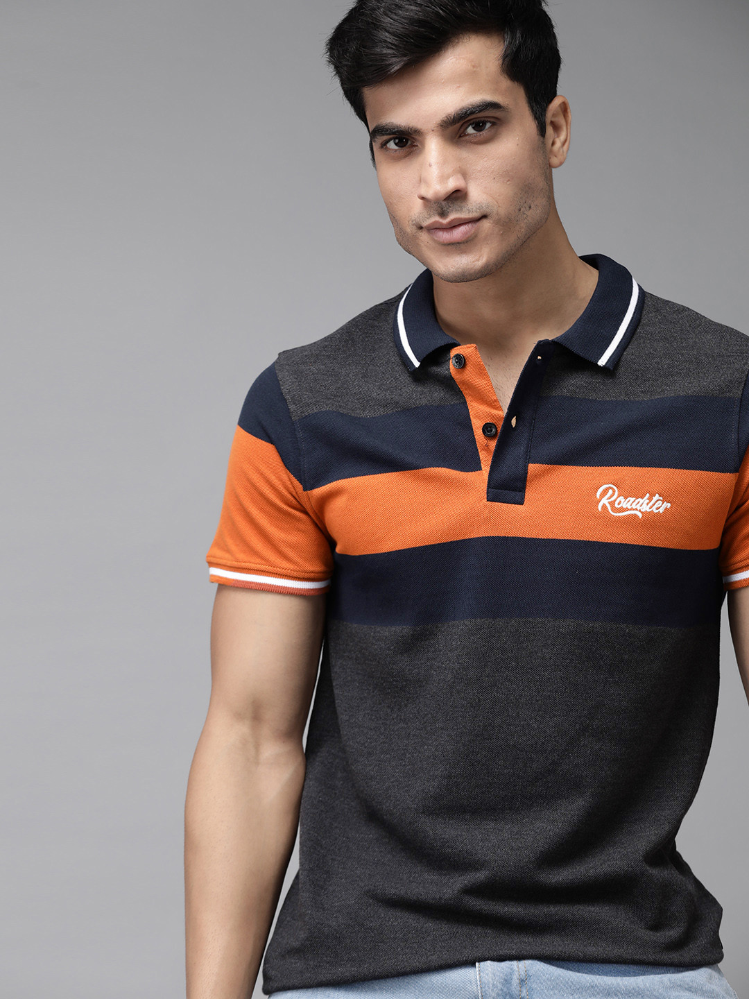 

Roadster Men Charcoal Grey & Rust Orange Striped Pure Cotton Polo Collar T-shirt