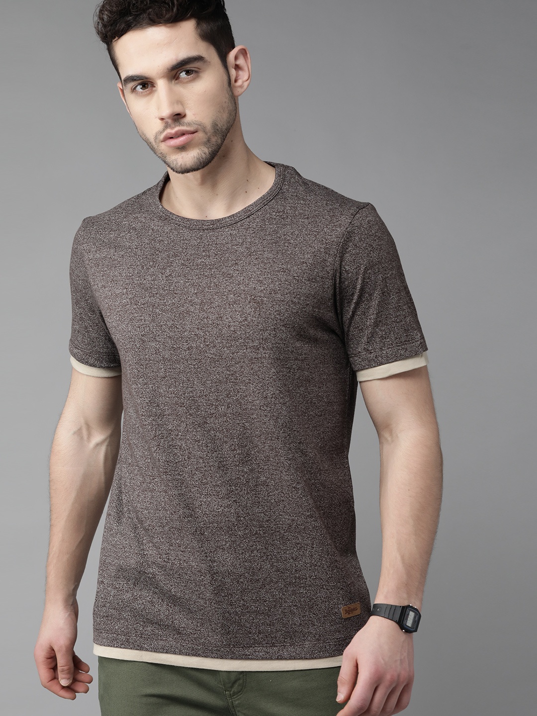 

Roadster Men Brown Self Design Round Neck T-shirt