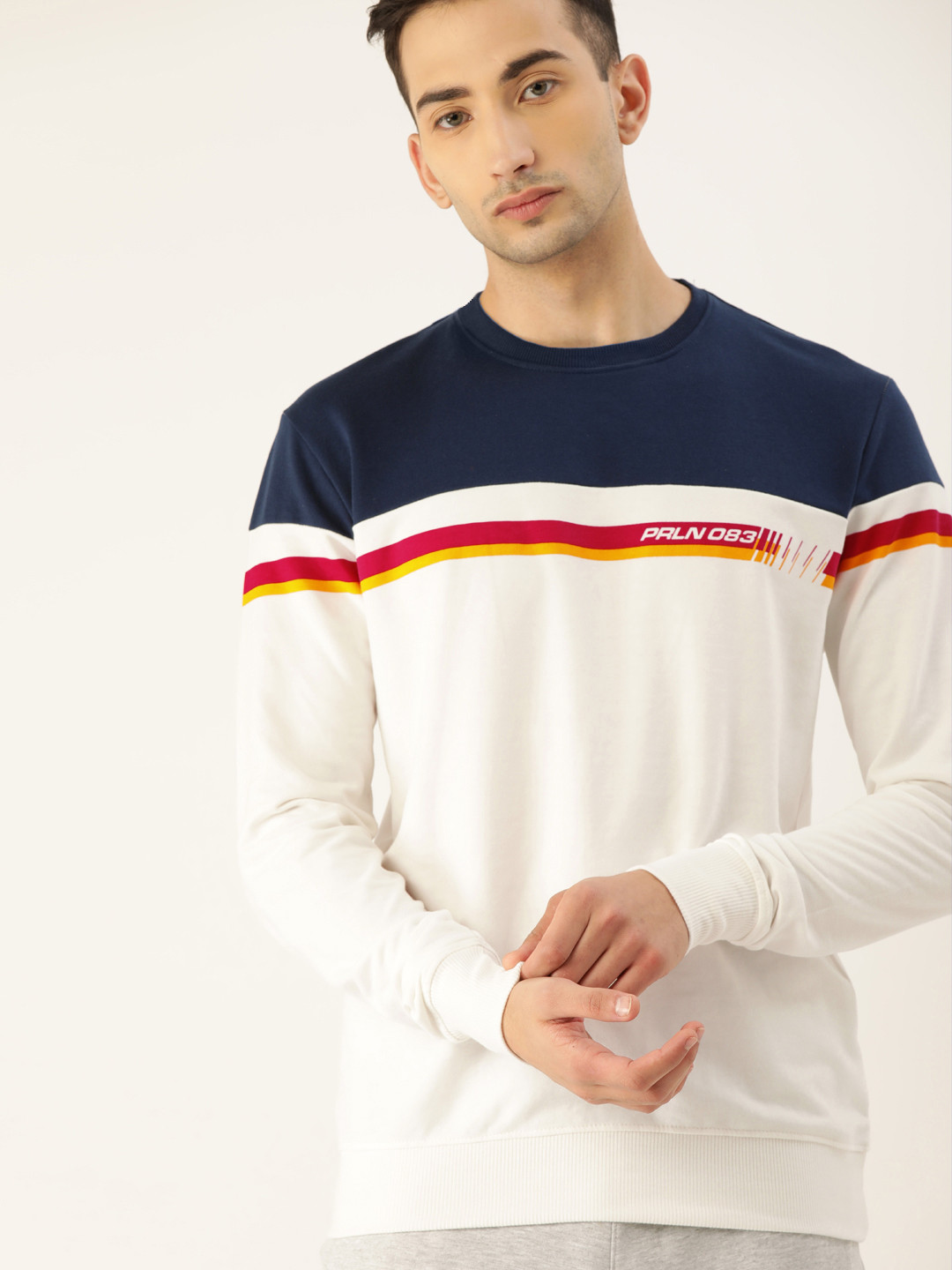 

Proline Active Men White & Navy Blue Colourblocked Pullover Sweatshirt
