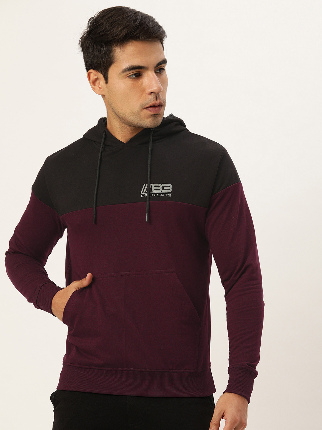 

Proline Active Men Burgundy & Black Colourblocked Hooded Sweatshirt