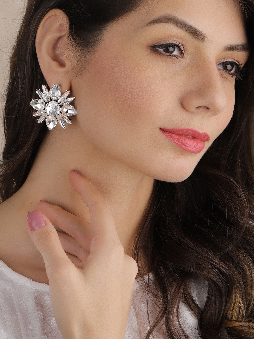 

Rubans Silver-Plated & White Crystal Floral Studs
