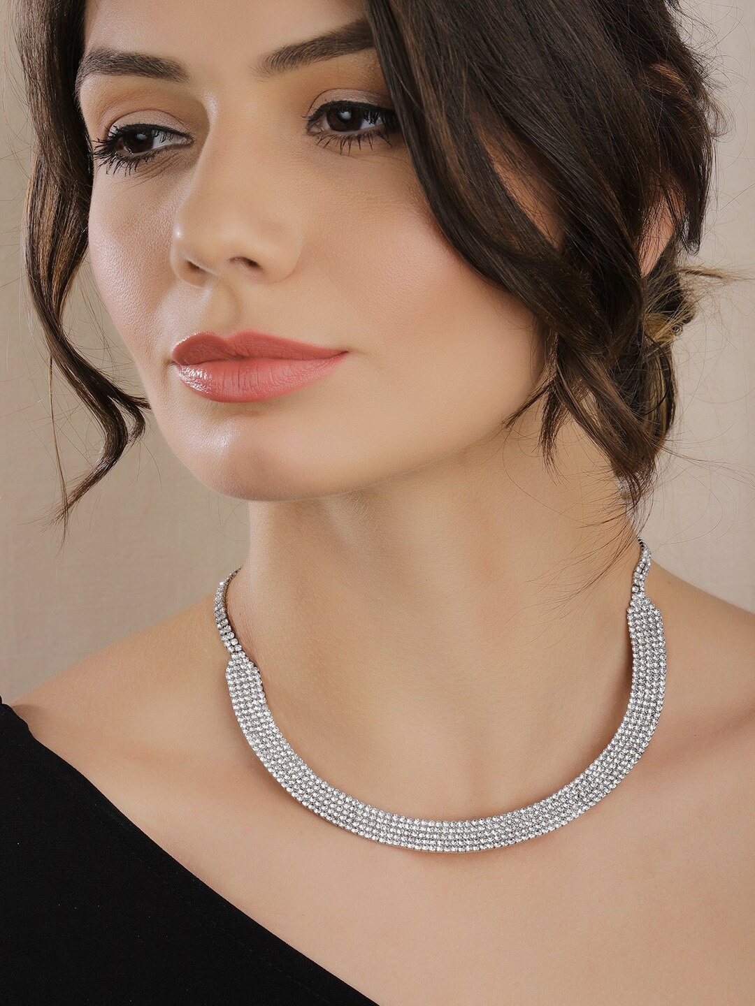 

Rubans Silver Plated Sparkling Zirconia Studded Choker Necklace Stylish Design
