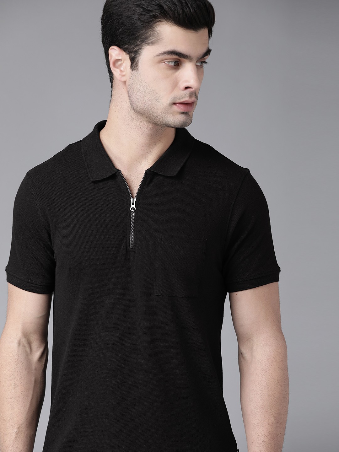 

Roadster Men Black Solid Pure Cotton Polo Collar Pure Cotton T-shirt