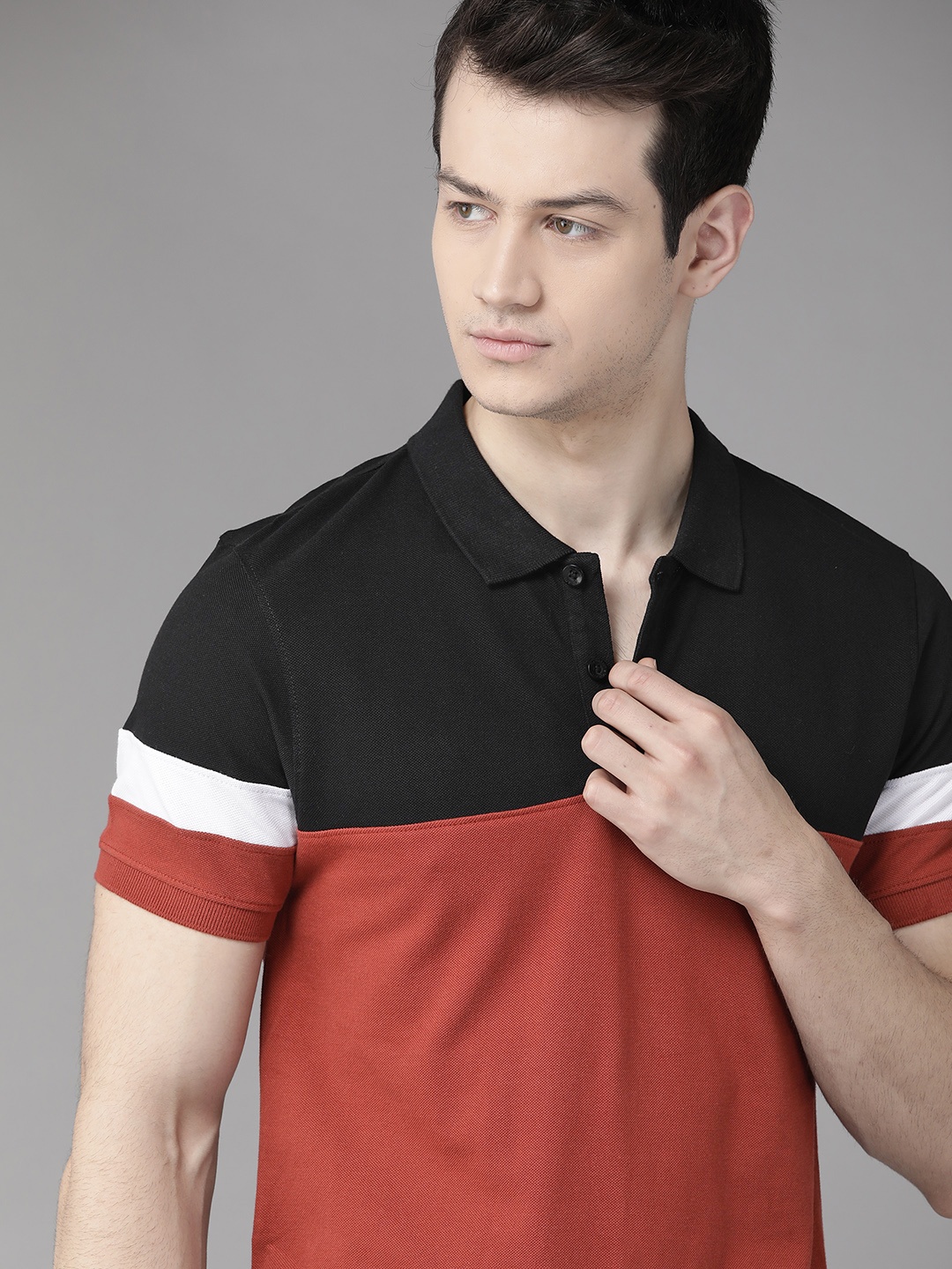 

Roadster Men Rust Red & Black Colourblocked Polo Collar Pure Cotton T-shirt