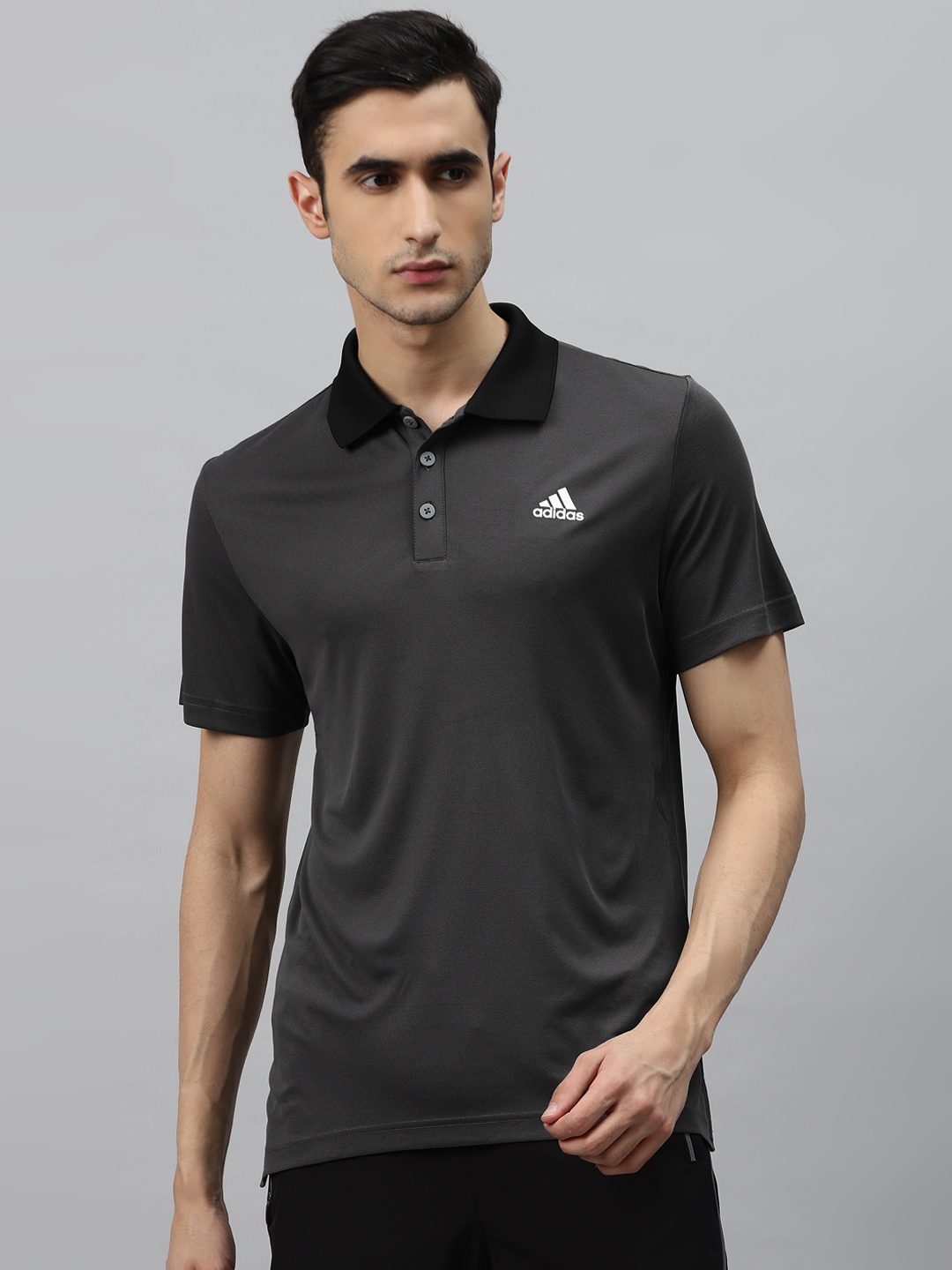 

ADIDAS Men Charcoal Grey Solid Polo Collar SMU Training T-shirt