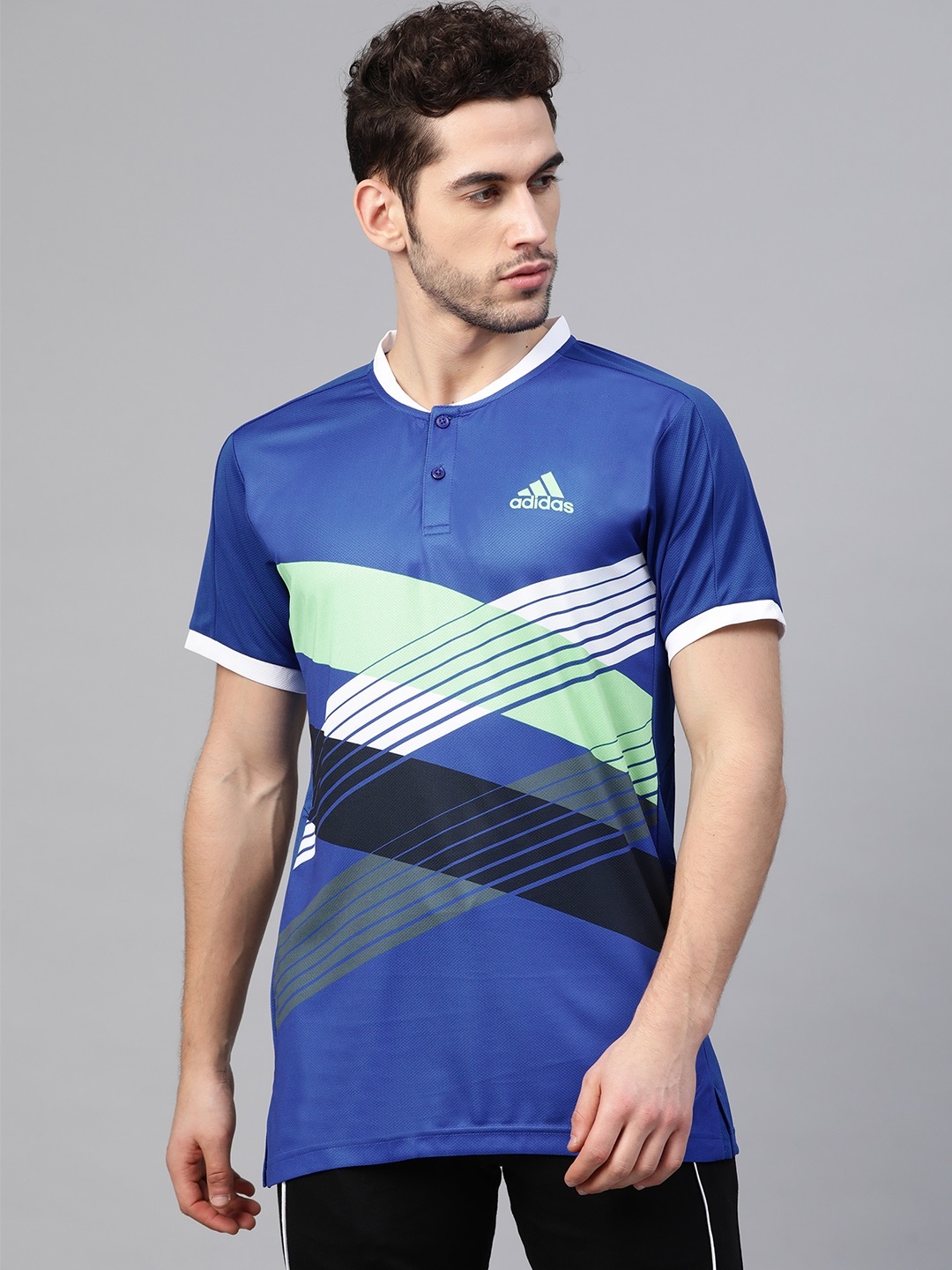 

ADIDAS Men Blue Tennis Printed Henley Neck Sustainable T-shirt