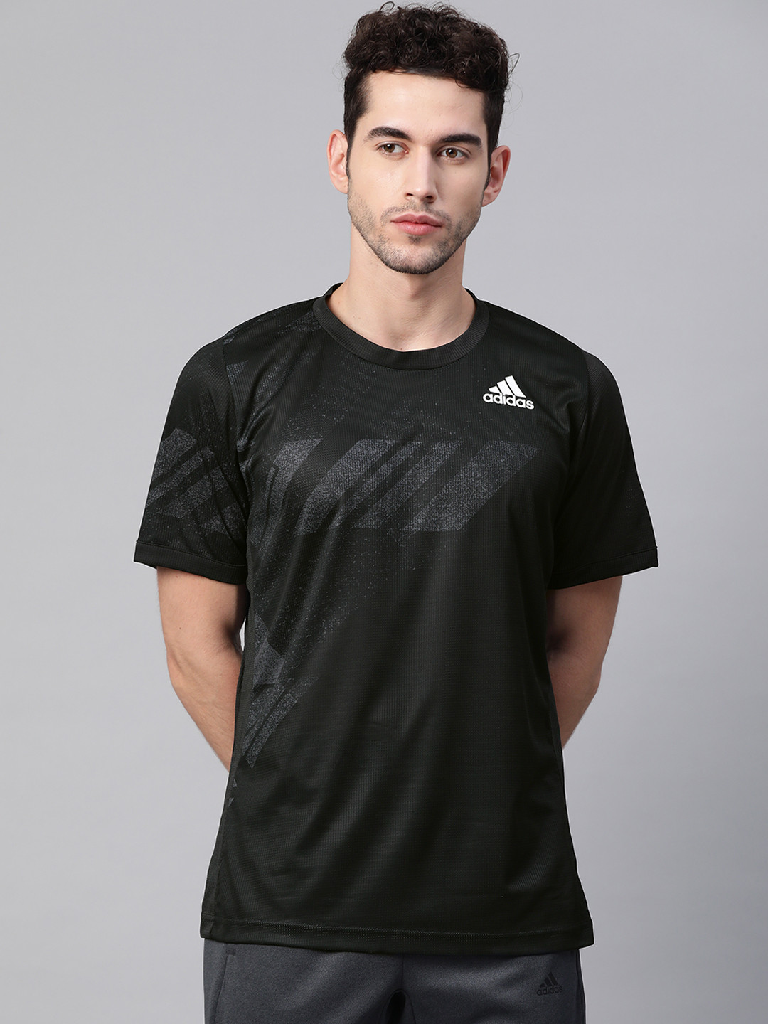 

ADIDAS Men Black & Charcoal Grey Freelift Printed HEAT.RDY Round Neck Tennis Sustainable T-shirt