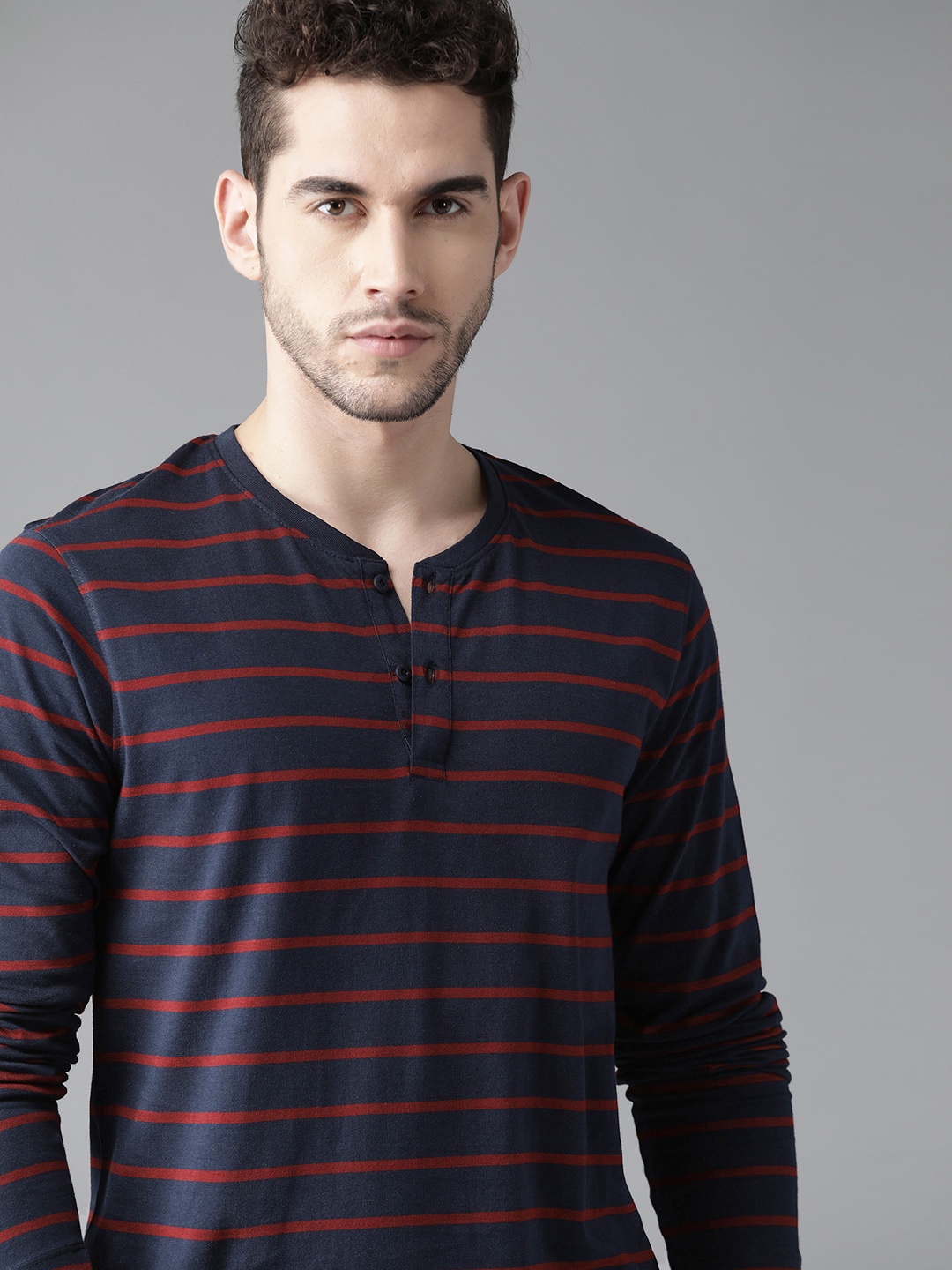 

Roadster Men Navy Blue Rust Red Striped Pure Cotton Henley Neck Pure Cotton T-shirt