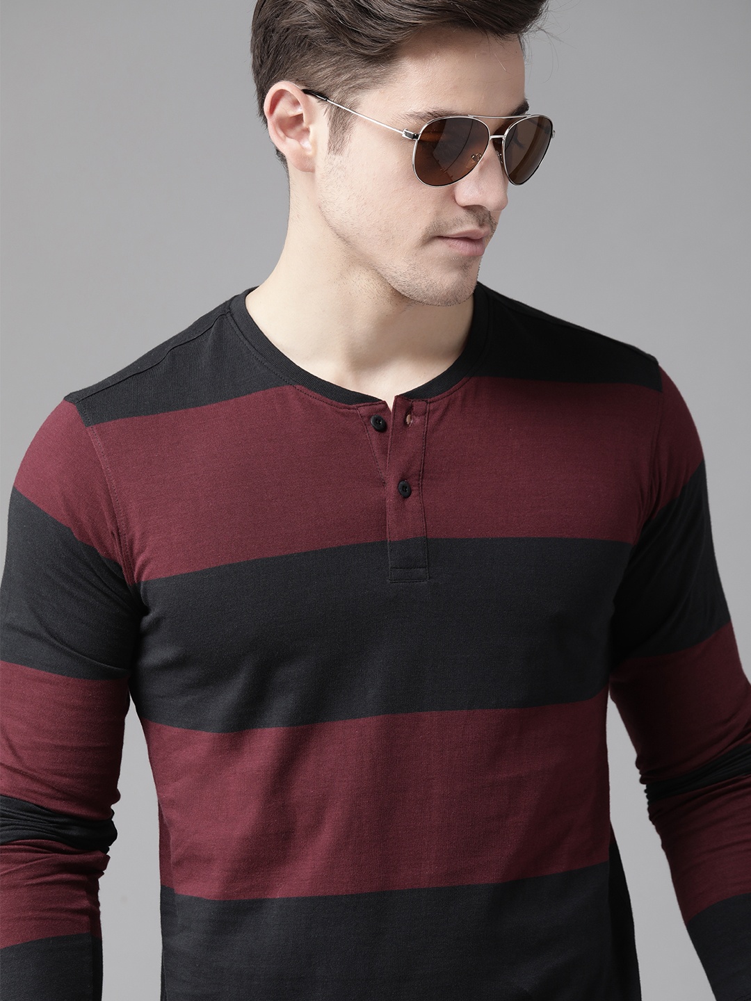 

Roadster Men Maroon Black Pure Cotton Striped Henley Neck Pure Cotton T-shirt