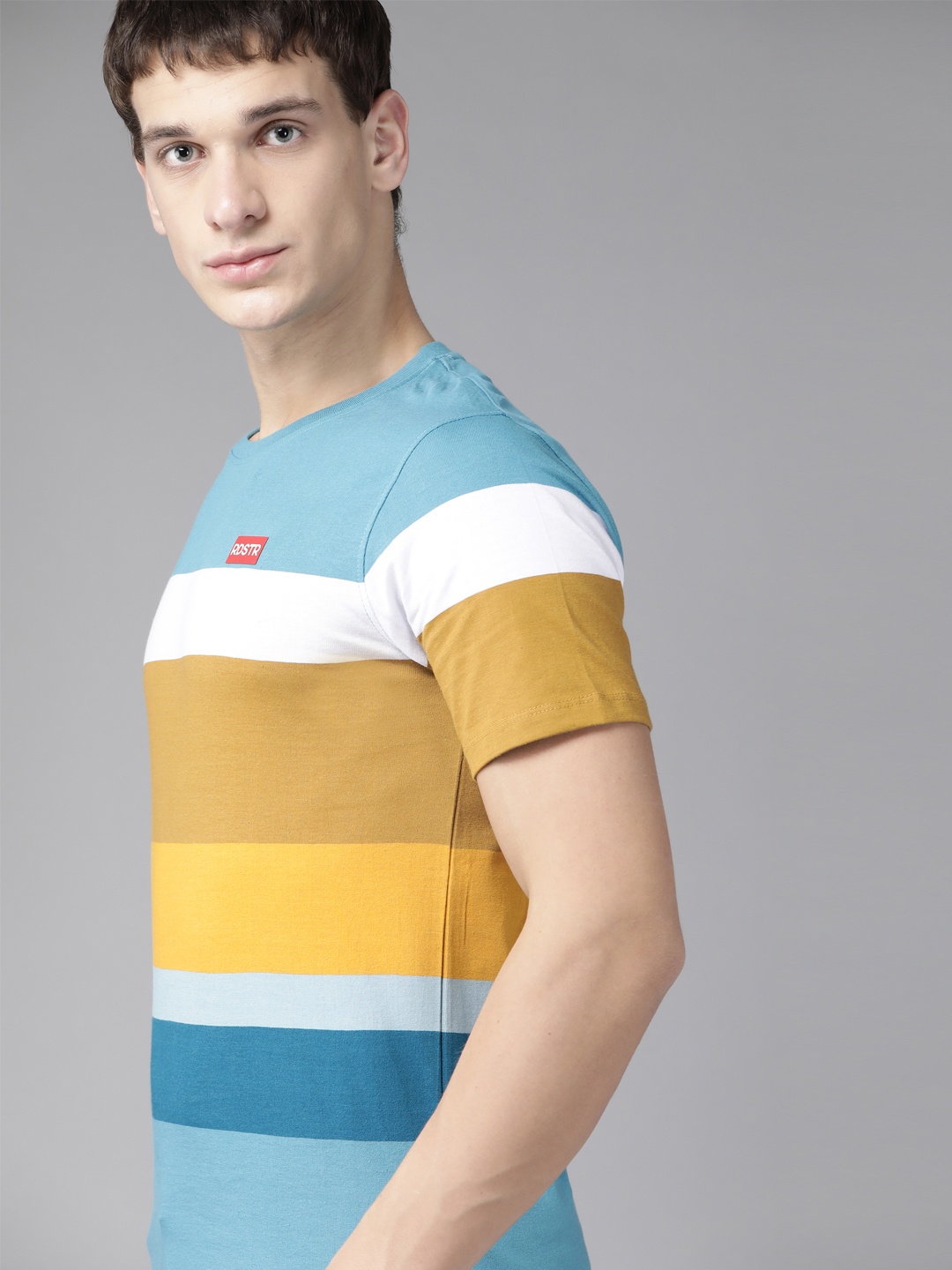 

Roadster Men Blue & Mustard Yellow Pure Cotton Striped Round Neck T-shirt