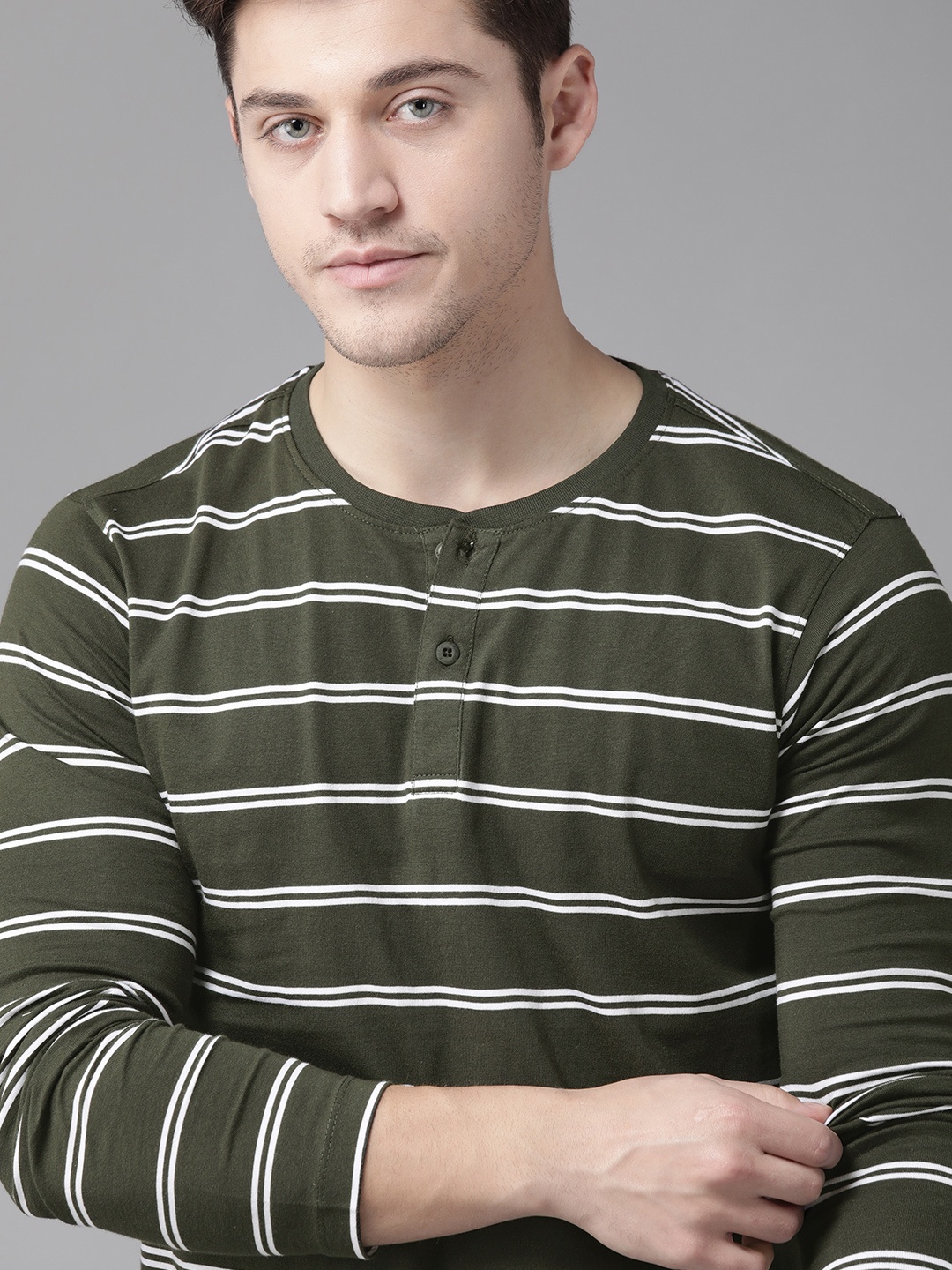 

Roadster Men Olive Green White Pure Cotton Striped Henley Neck Pure Cotton T-shirt