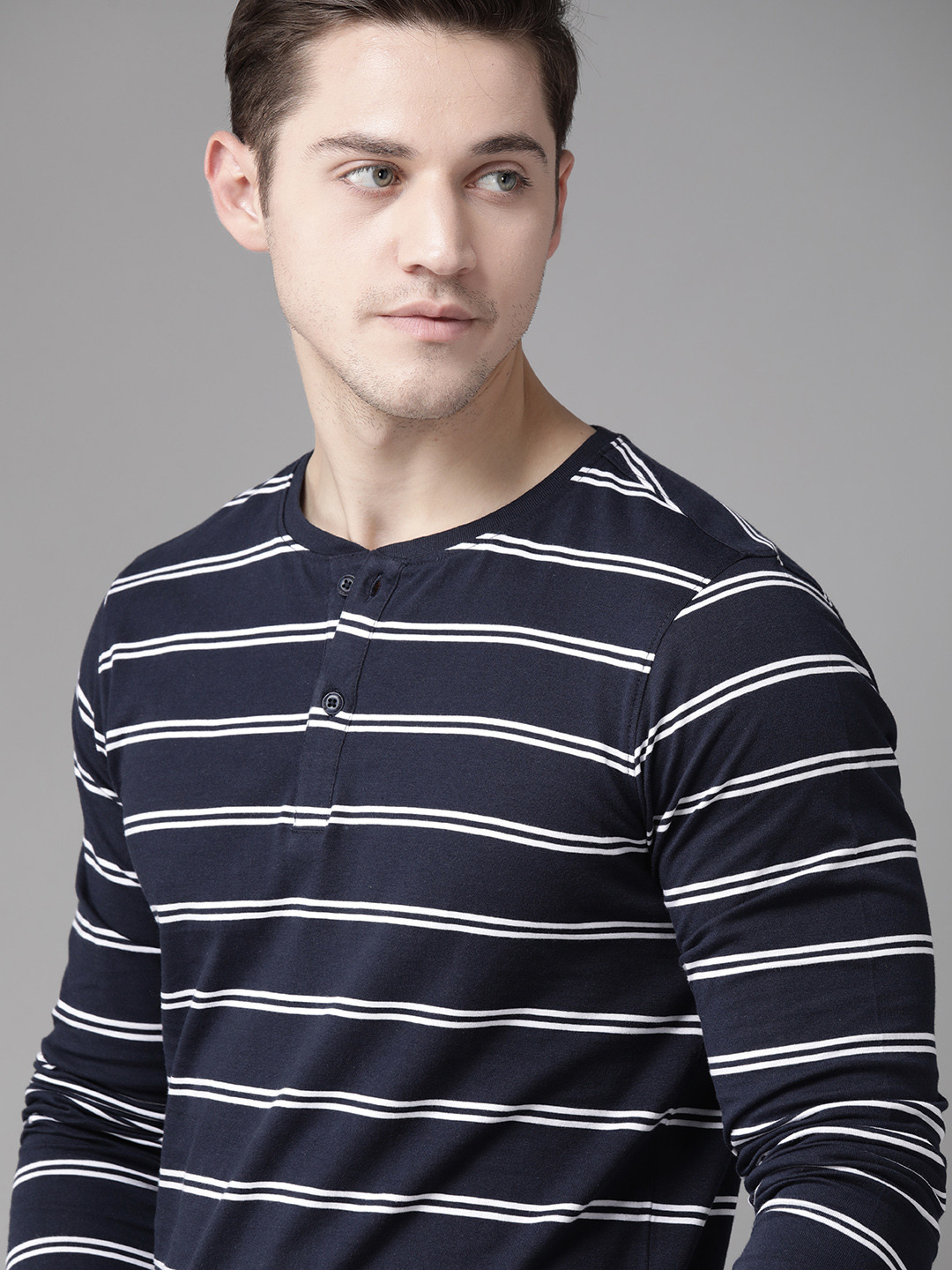 

Roadster Men Navy Blue & White Pure Cotton Striped Henley Neck T-shirt
