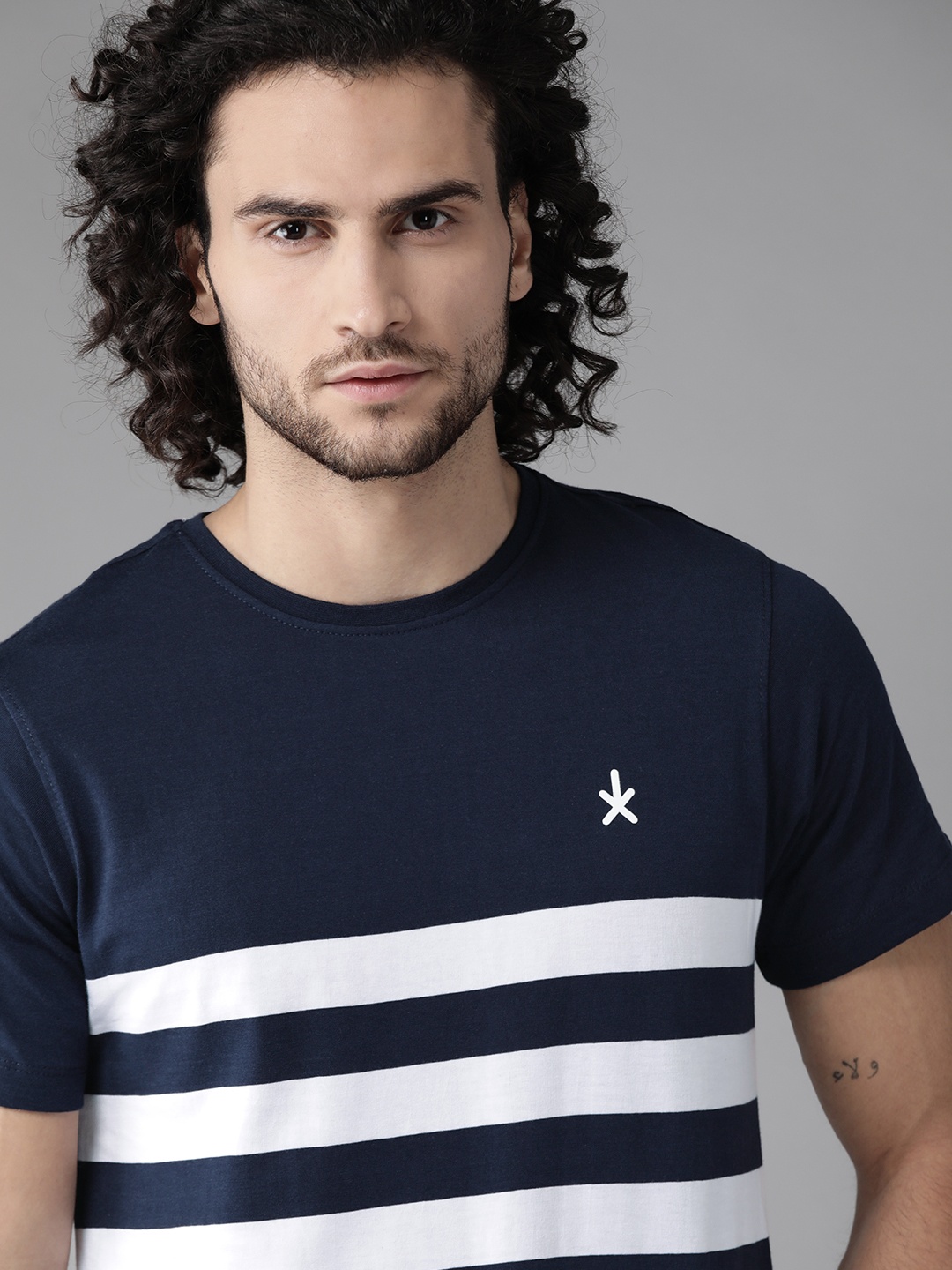 

Roadster Men Navy Blue White Striped Round Neck Pure Cotton T-shirt