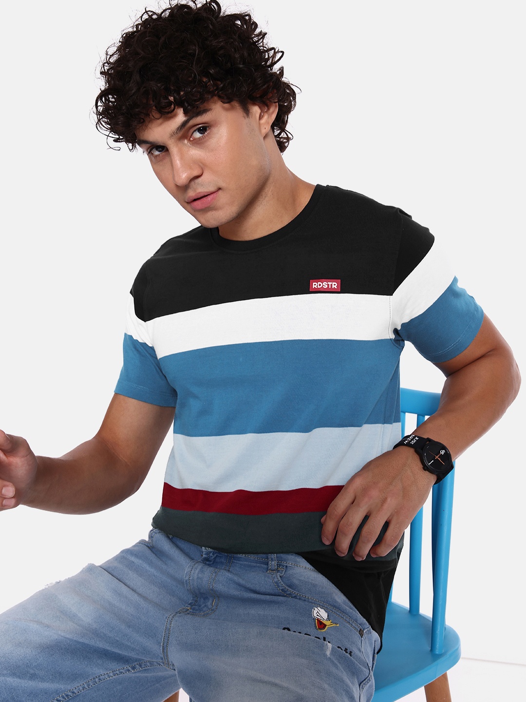 

The Roadster Lifestyle Co. Men Dusty Blue Striped Pure Cotton T-shirt
