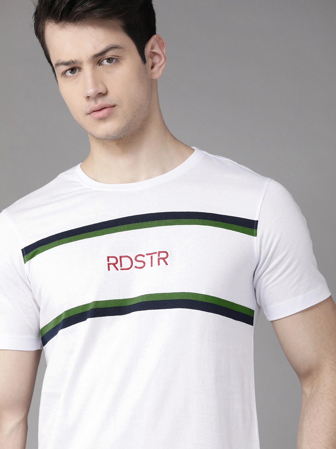 

Roadster Men White Pure Cotton Striped Round Neck Pure Cotton T-shirt
