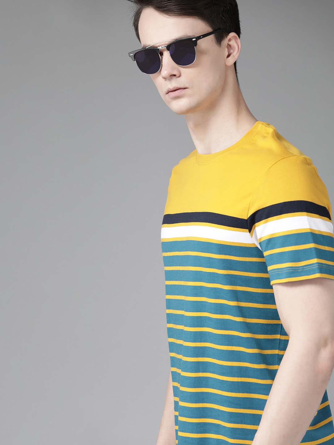 

Roadster Men Mustard Yellow Teal Blue Pure Cotton Striped Round Neck Pure Cotton T-shirt