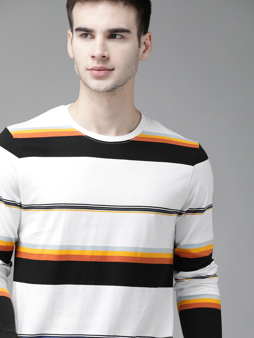 

Roadster Men White & Black Pure Cotton Striped Round Neck T-shirt