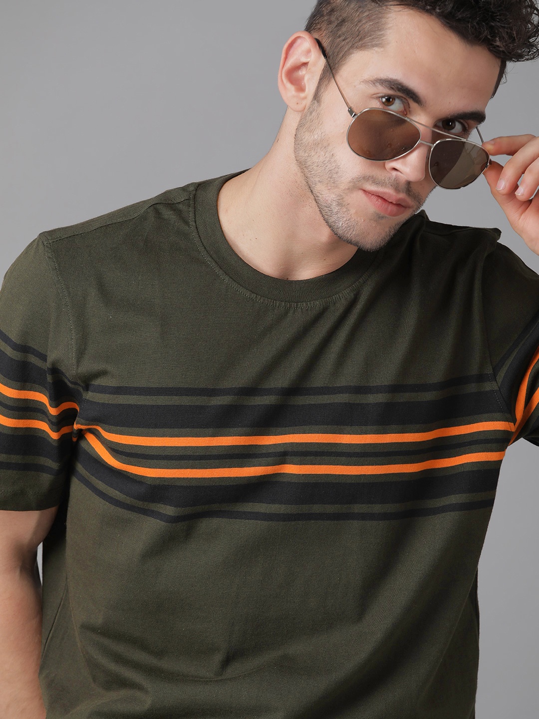 Roadster Men Olive Green & Orange Striped Cotton Round Neck T-shirt
