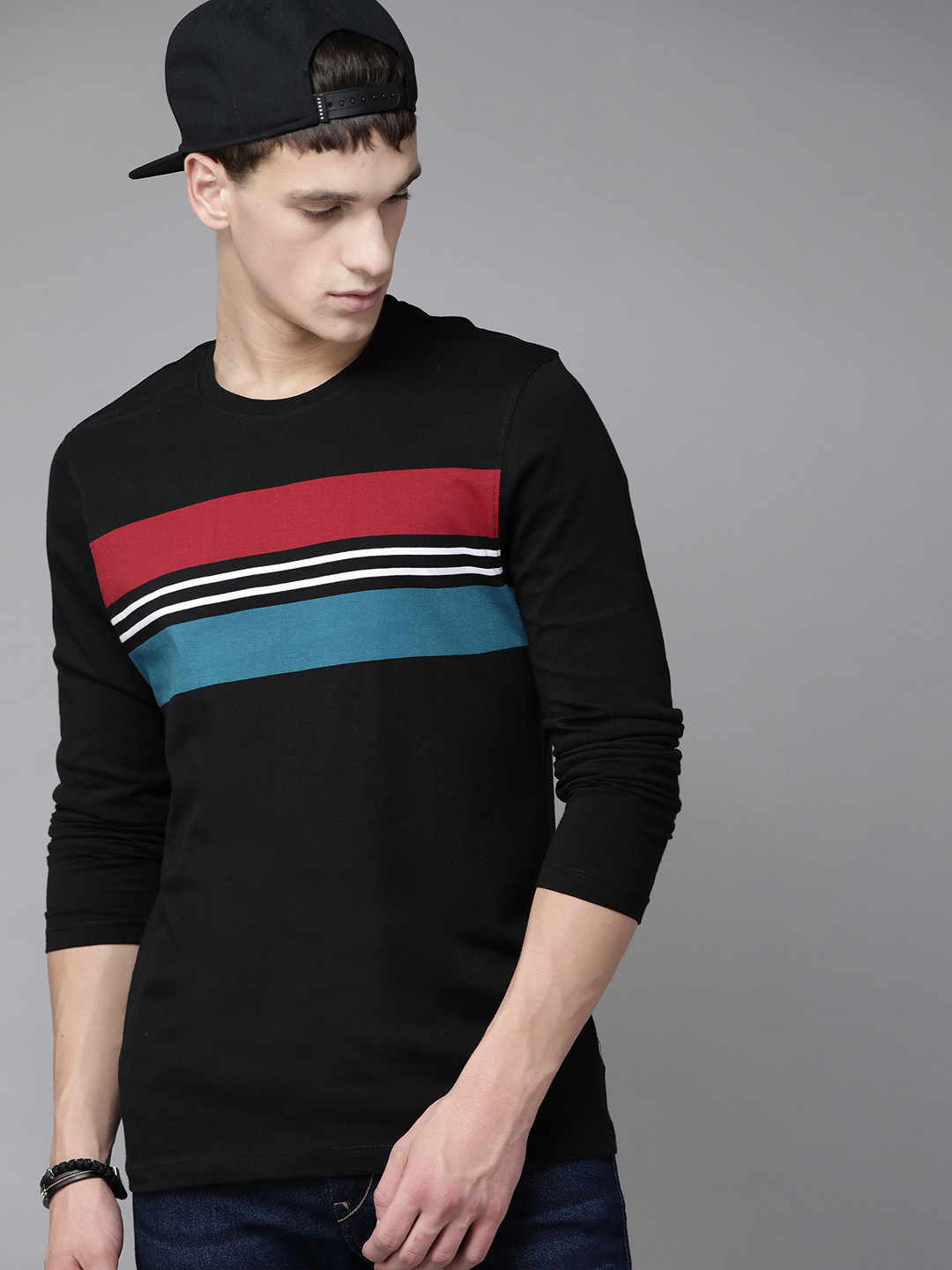 

Roadster Men Black & Red Pure Cotton Striped Round Neck T-shirt