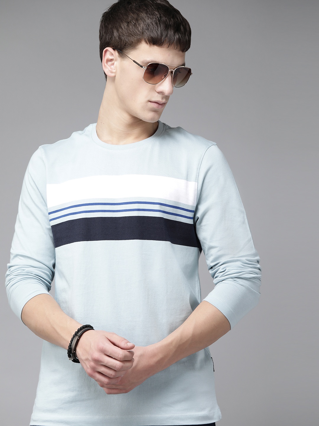

Roadster Men Blue Pure Cotton Striped Round Neck T-shirt