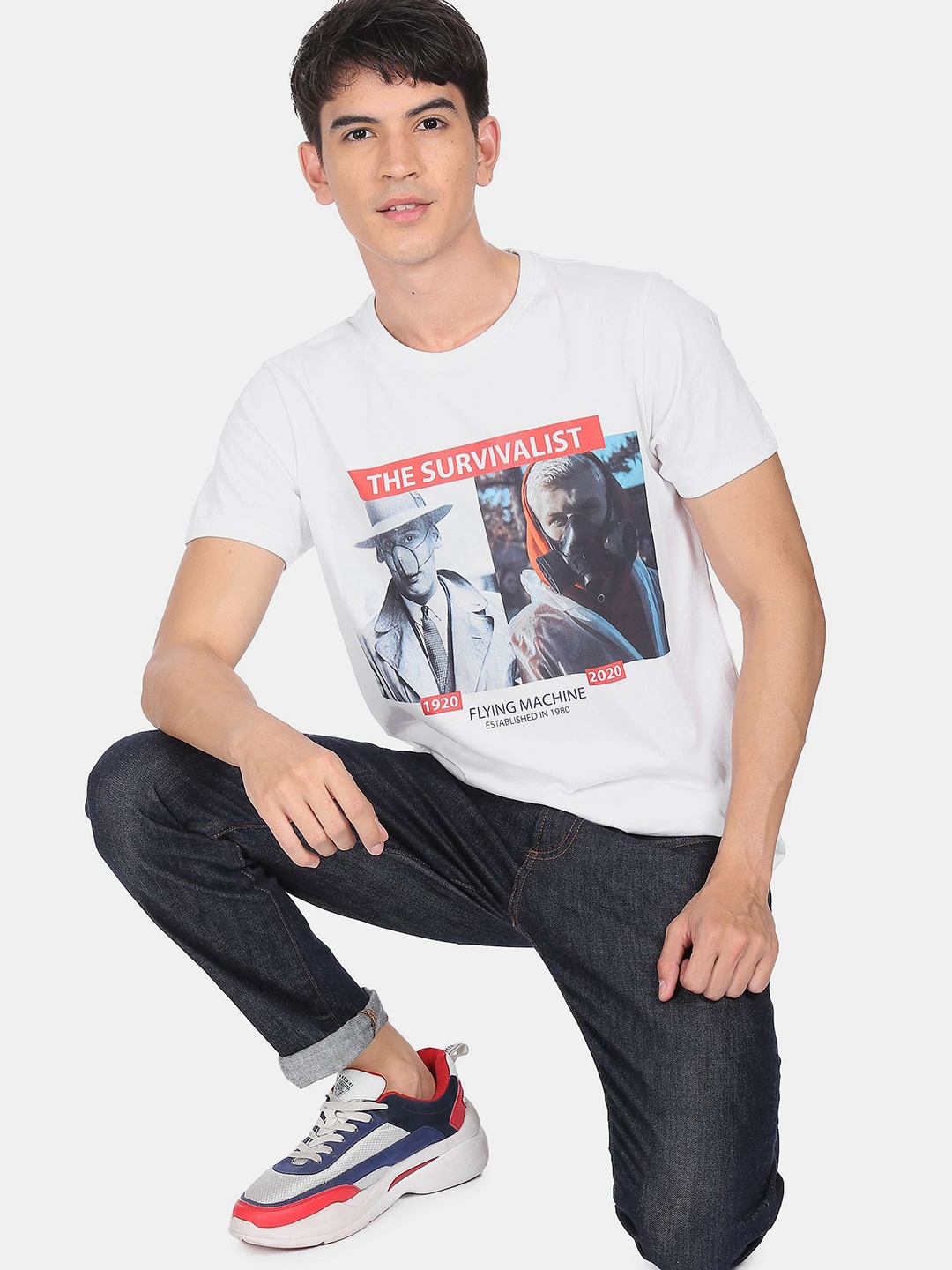 

Flying Machine Men White Printed Round Neck Pure Cotton T-shirt